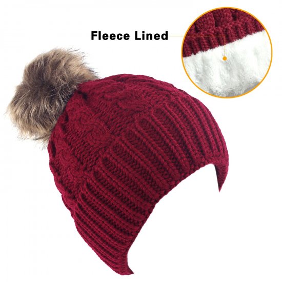 Senker Women's Winter Fleece Lined Cable Knitted Pom Pom Beanie Hat - Click Image to Close