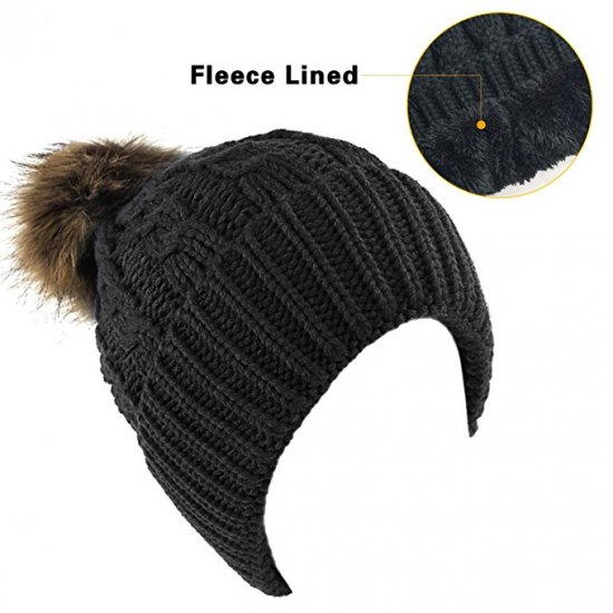 Senker Women's Winter Fleece Lined Cable Knitted Pom Pom Beanie Hat - Click Image to Close