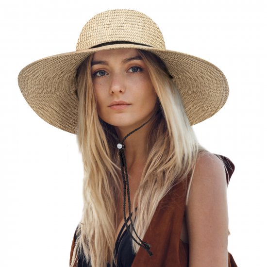 Womens Sun Hat Wide Brim Foldable Beach Hats for Women UV Protection Summer Straw Hat with Wind Lanyard - Click Image to Close