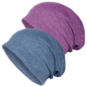 2 Pack Cotton Slouchy Beanie Hats, Chemo Headwear Caps for Women and Men, Denim Blue/Purple