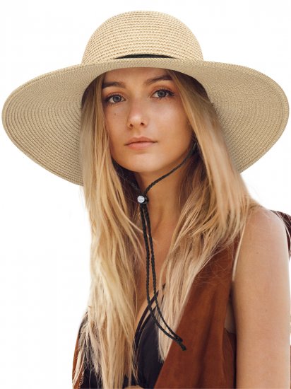 Womens Sun Hat Wide Brim Foldable Beach Hats for Women UV Protection Summer Straw Hat with Wind Lanyard - Click Image to Close