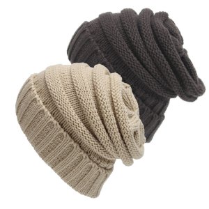 Senker 2 Pack of Trendy Warm Chunky Soft Stretch Cable Knit Slouchy Beanie Skully Hat Cap